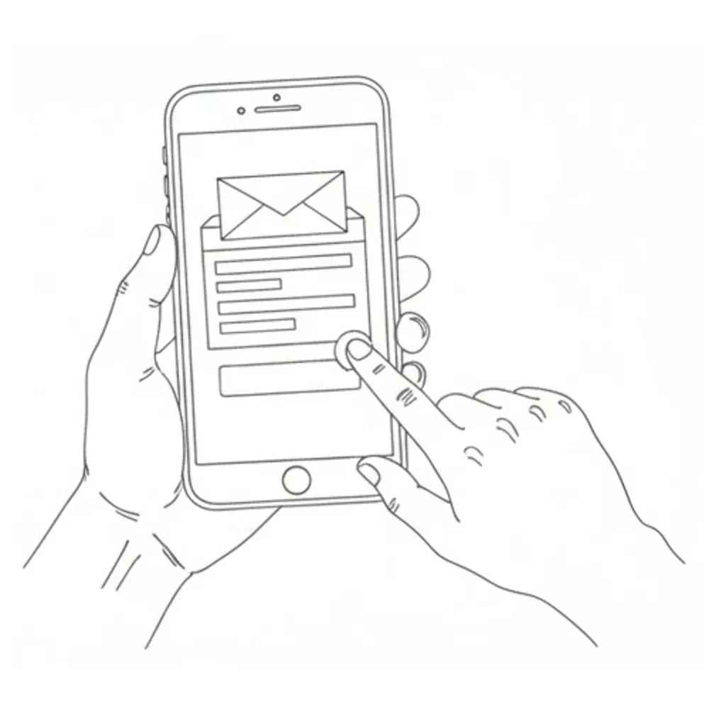 Контурний малюнок рук, що відправляють електронний лист зі смартфона.