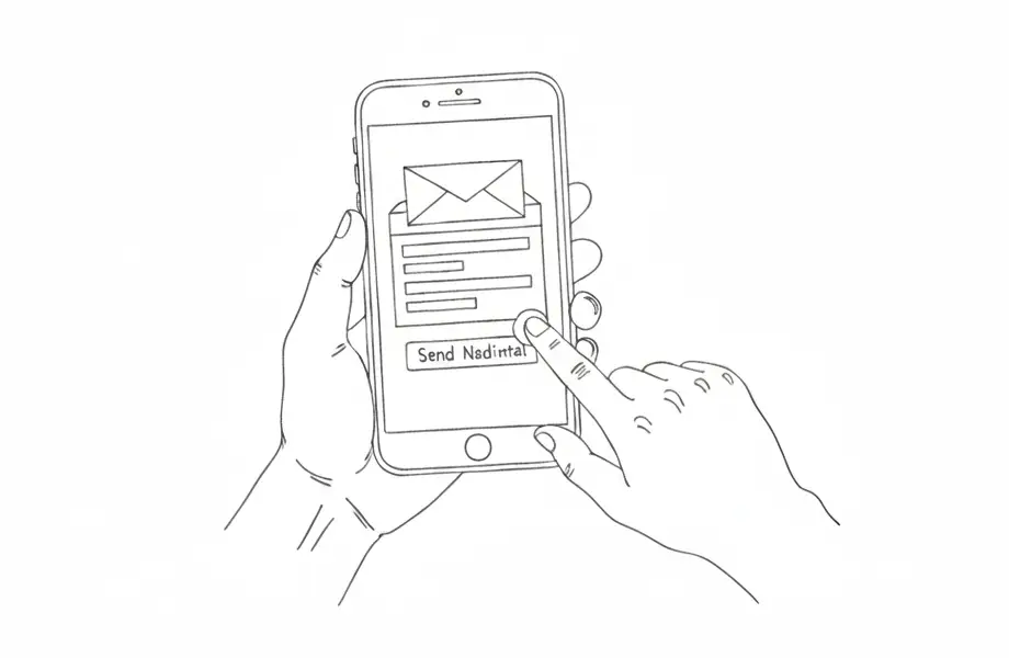 Контурний малюнок руки з телефоном, на екрані якого зображено форму відправки електронного листа