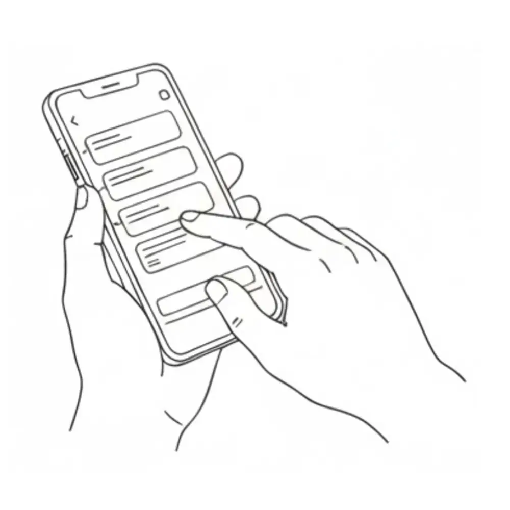 Лінійне зображення рук, що тримають смартфон із відкритим вікном чату або месенджера.