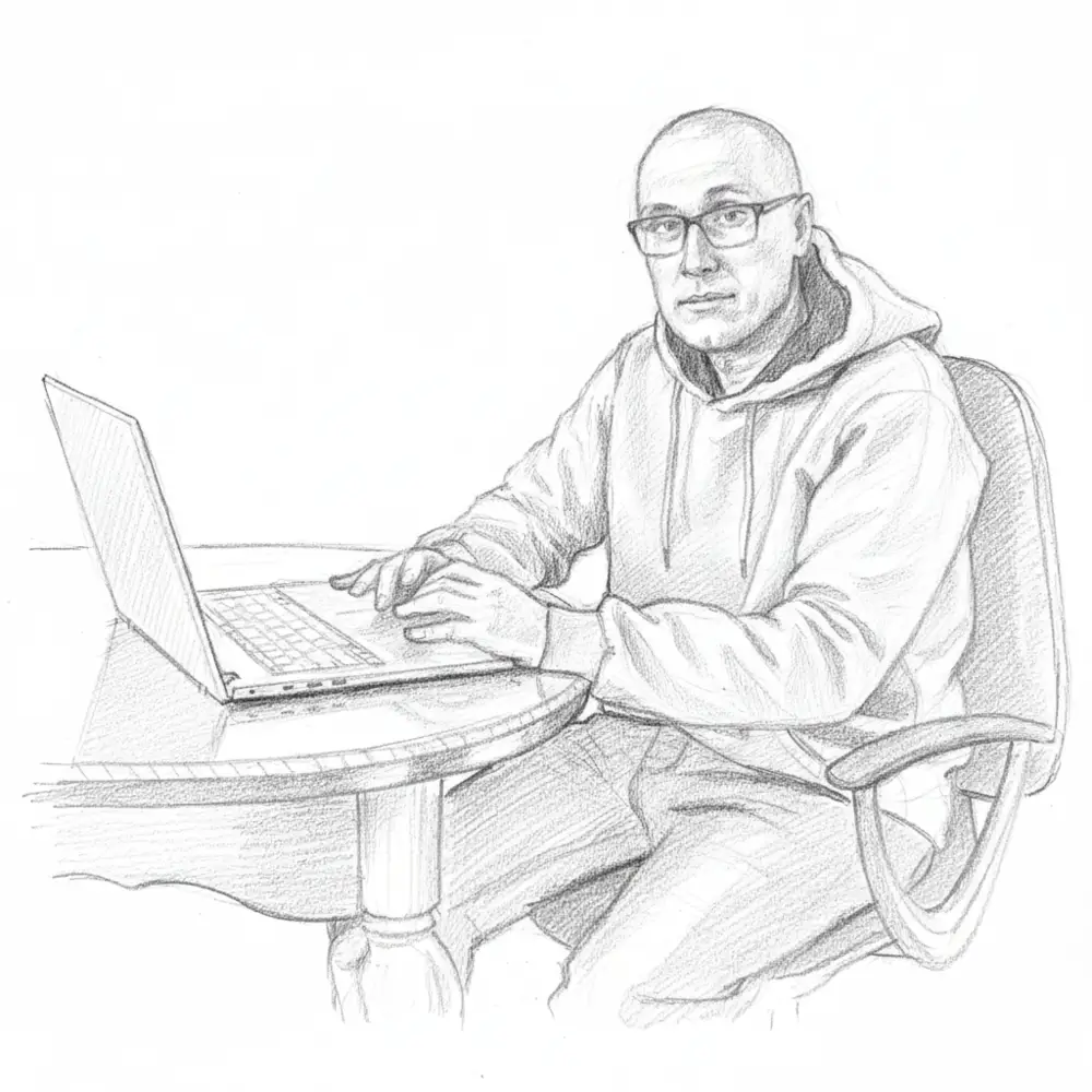 Реалістичний малюнок олівцем: Ігор Головачук за робочим столом з ноутбуком на білому фоні.